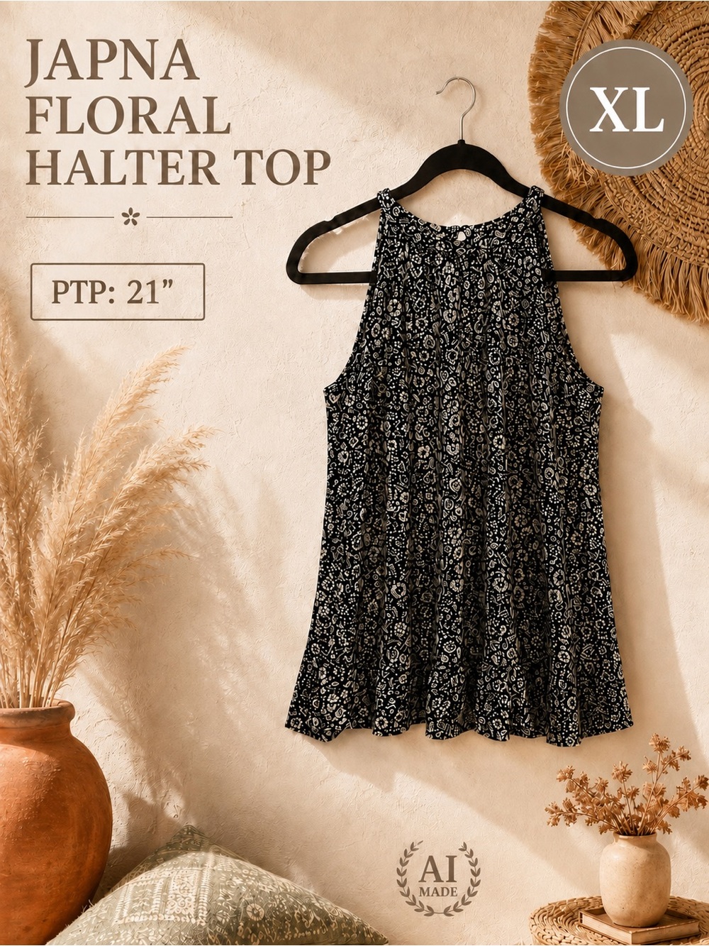 Japna Black Floral Halter Top Size XL